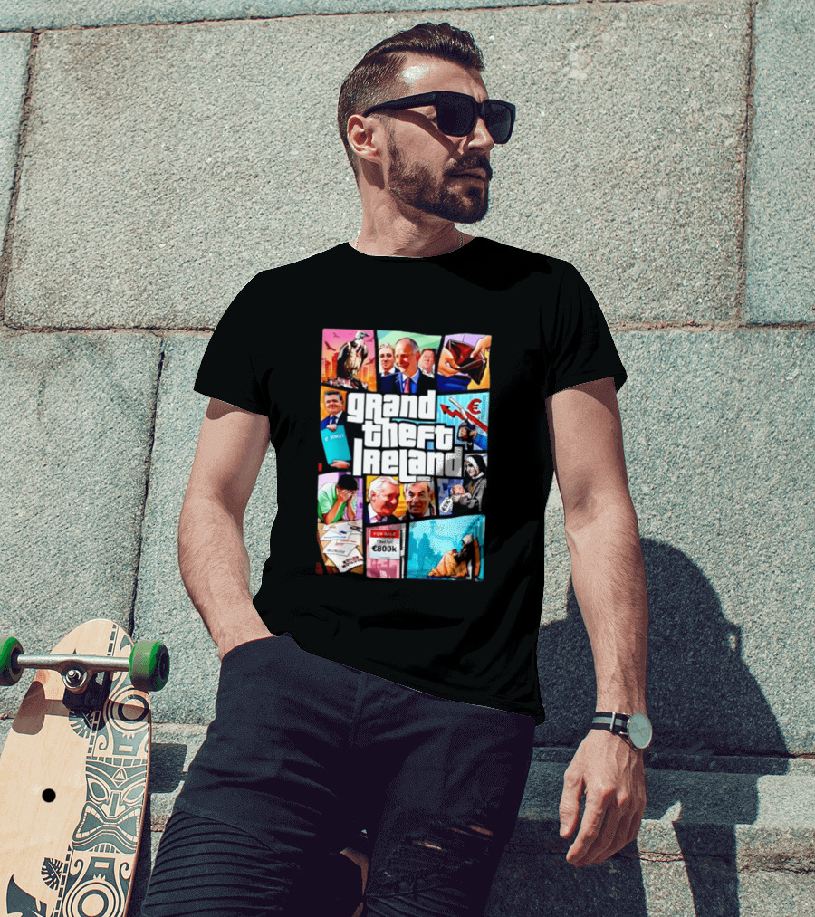 Grand Theft Ireland GTA 5 Parody Satire Style Illustration Irish Economy Politics Humor T-Shirt