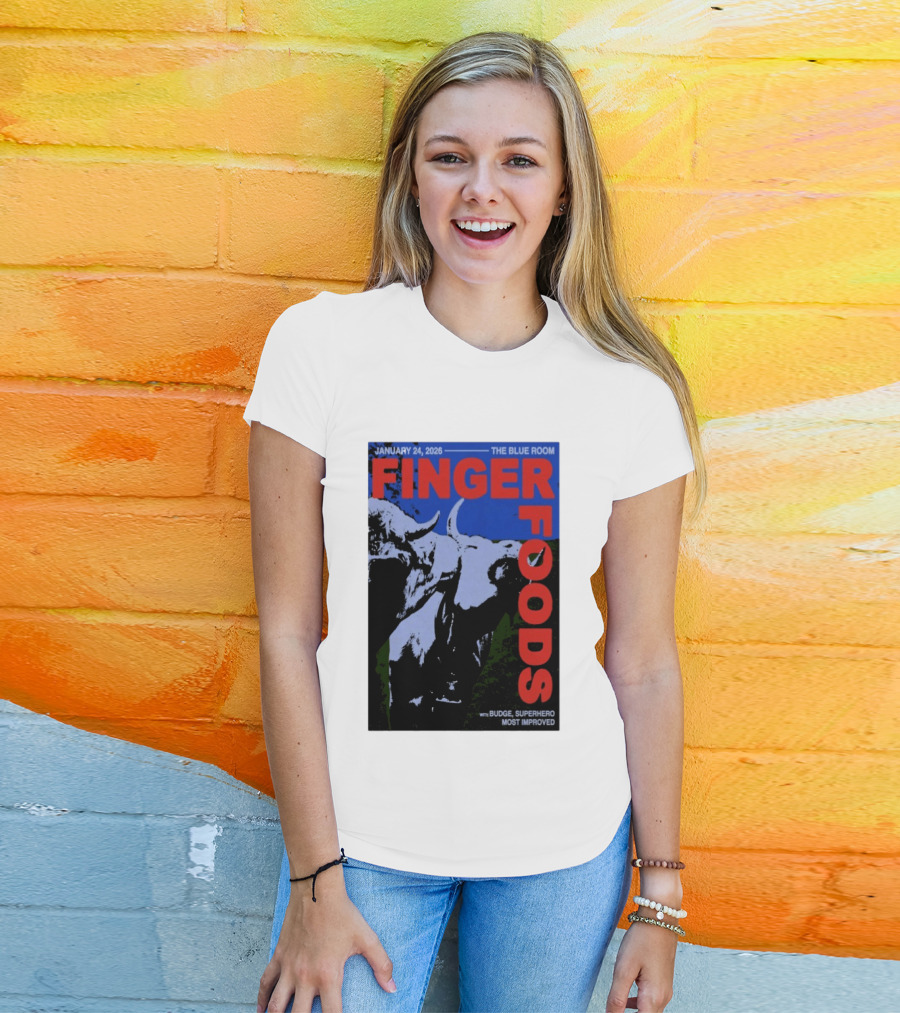 January 24 2026 Finger Foods The Blue Room Budge Superhero Most Improved T-Shirt