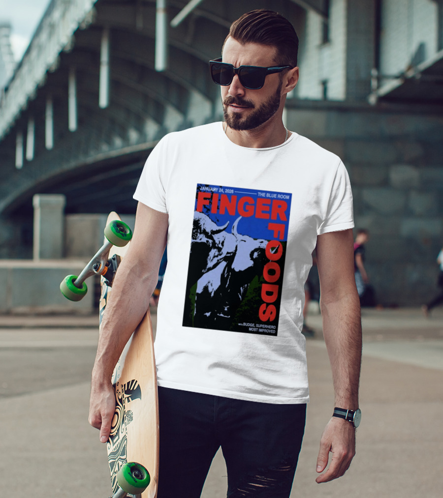 January 24 2026 Finger Foods The Blue Room Budge Superhero Most Improved T-Shirt