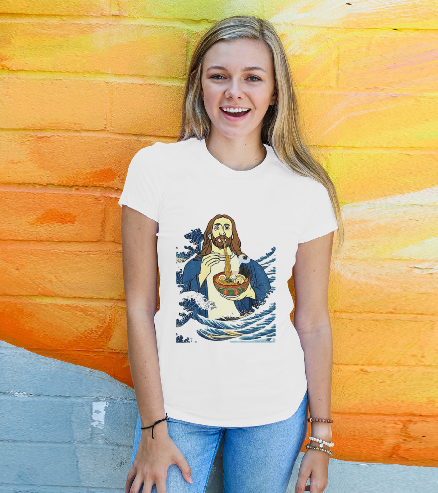God Eats Ramen Jesus Wave Meme With Bowl Of Noodles T-Shirt