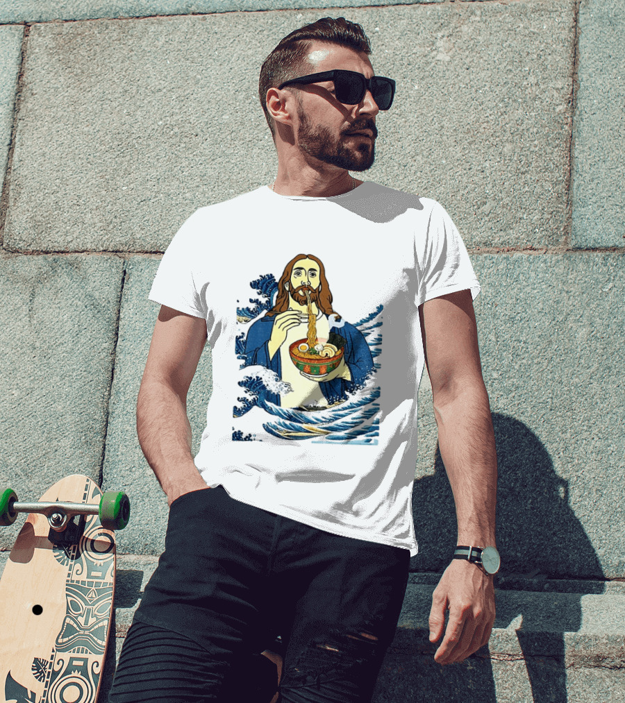 God Eats Ramen Jesus Wave Meme With Bowl Of Noodles T-Shirt