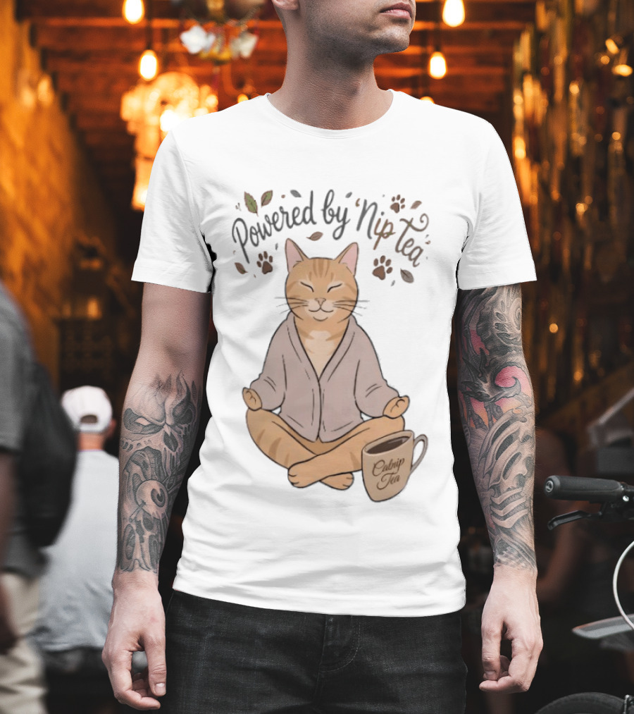 Powered by Nip Tea Catnip Tea Meditating Cat with Paw Prints T-Shirt