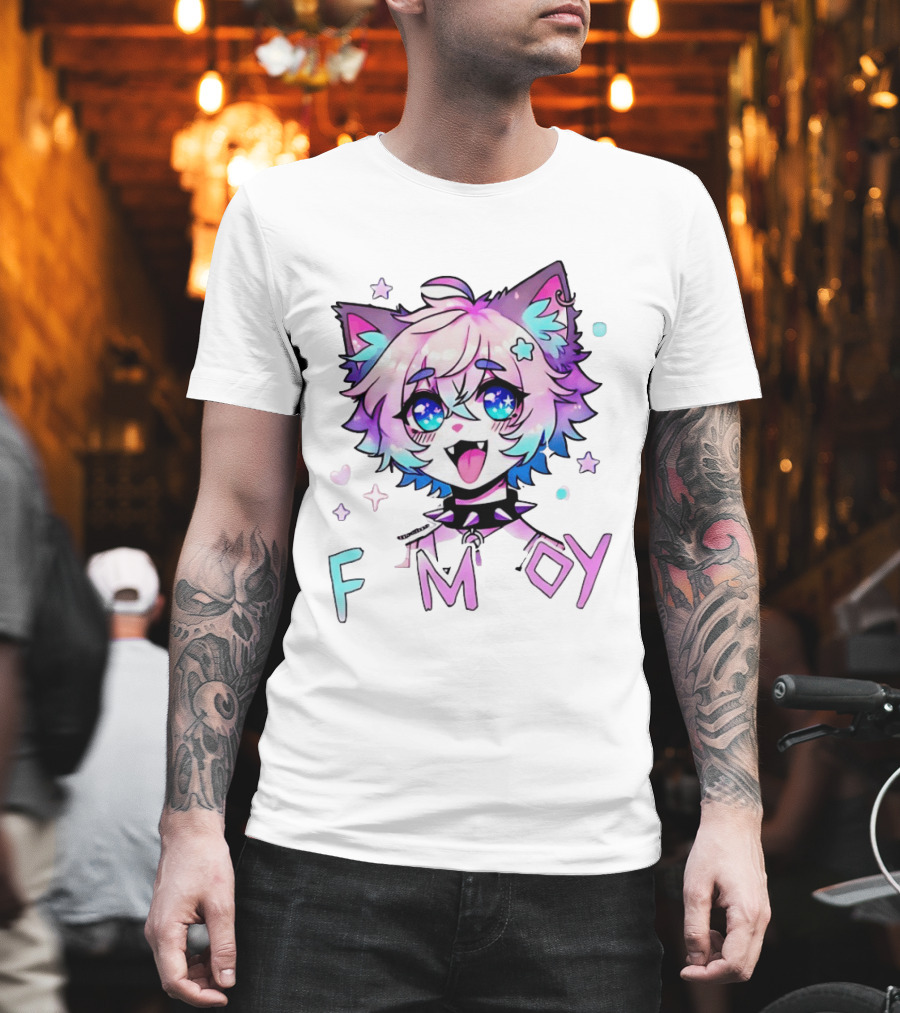 Femboy Cat Boy Anime Spike Collar Starry Eyes Pastel Ears T-Shirt