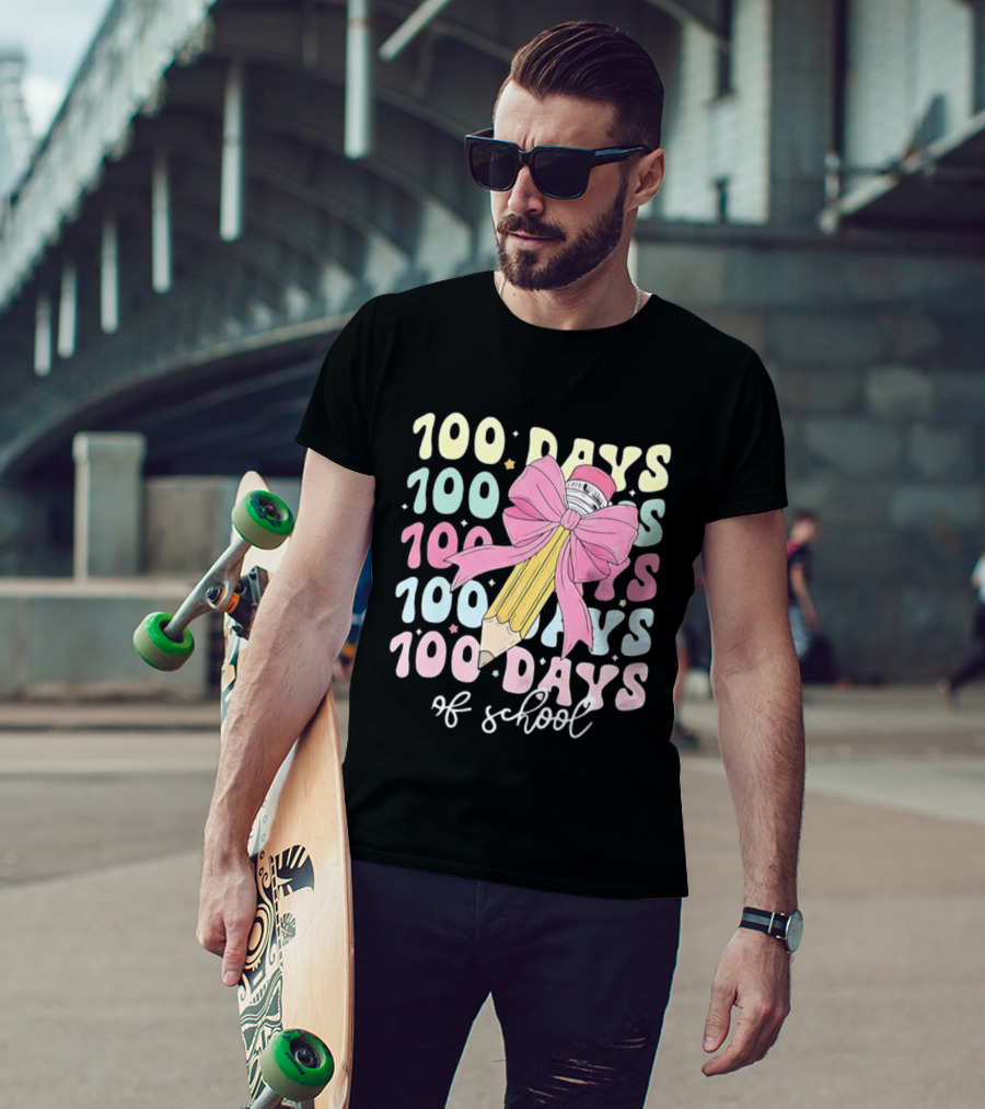 100 Days Of School Pink Bow Pencil Celebration T-Shirt
