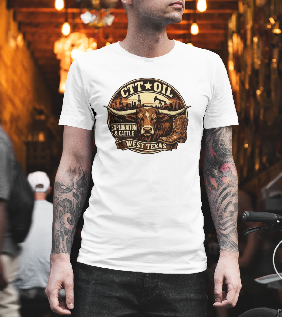 CTT Oil Exploration And Cattle West Texas Longhorn Boot Iconography T-Shirt