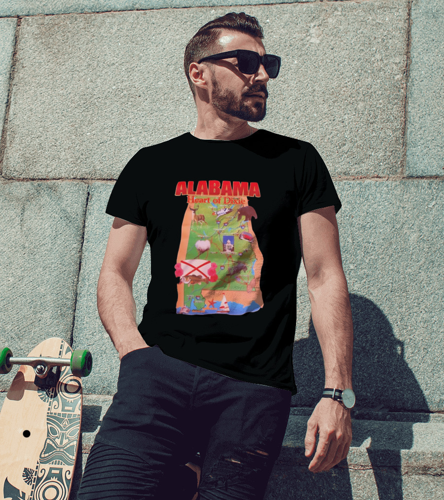 Alabama Heart Of Dixie Map Landmarks And Wildlife T-Shirt