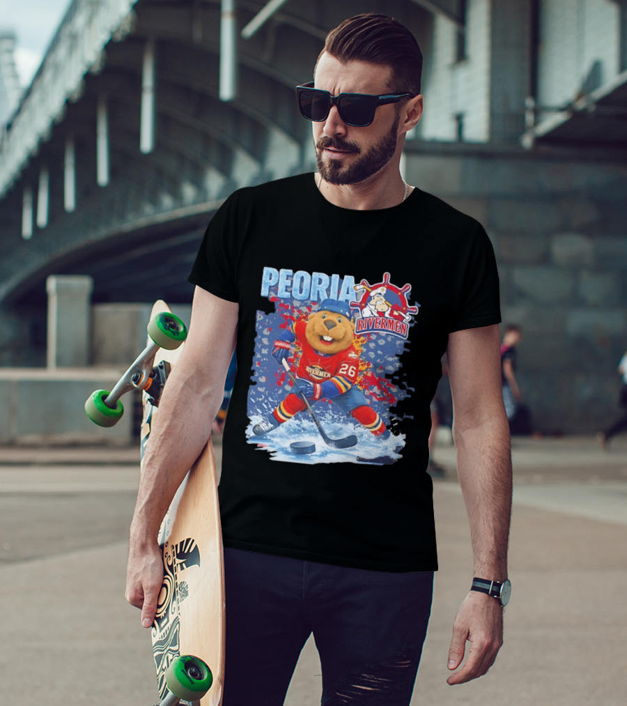 Rocky Peoria Rivermen Hockey Beaver Mascot Skating T-Shirt