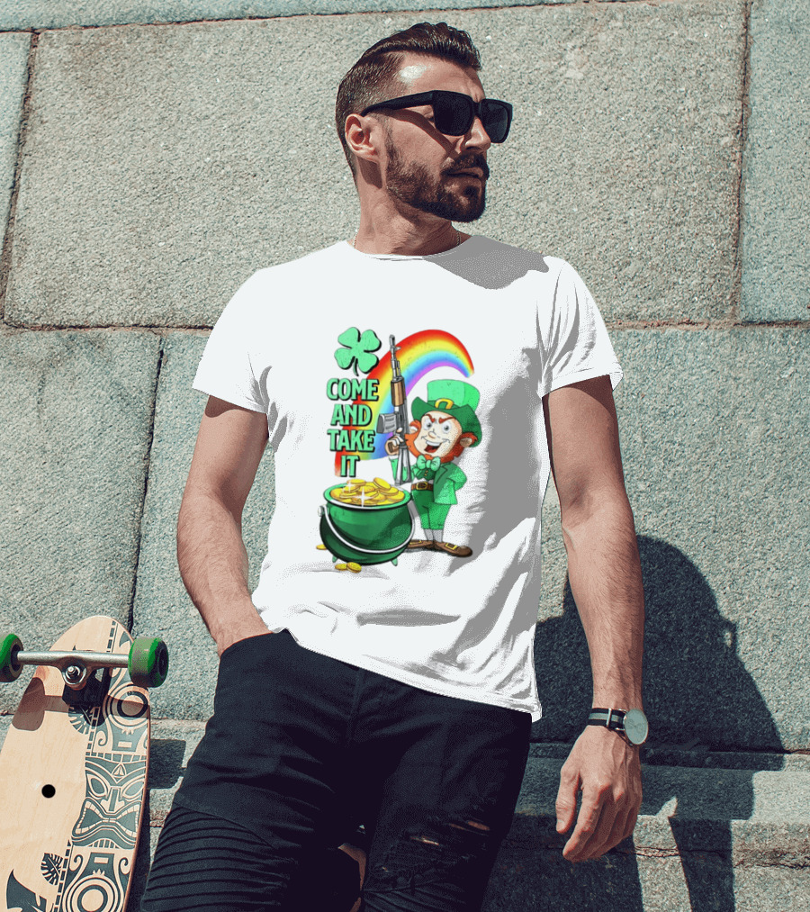 St Patrick Leprechaun Rifle Rainbow Pot Of Gold Come And Take It T-Shirt