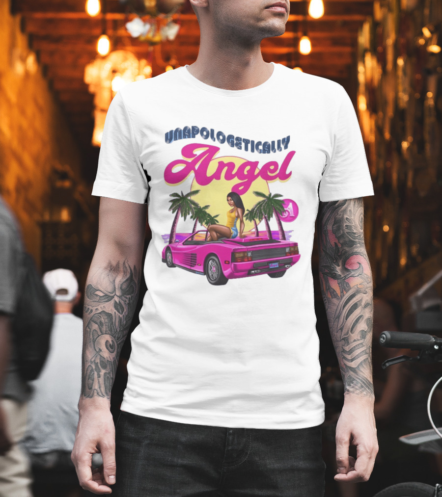 Unapologetically Angel Paradise Sunset with Pink Car and Palm Trees T-Shirt