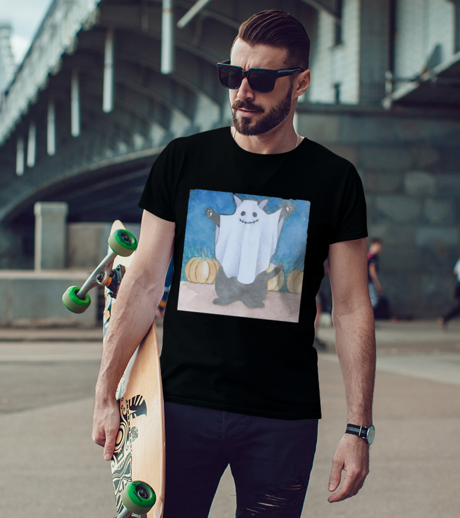 Spooky Black Cat In Ghost Costume With Pumpkins Halloween T-Shirt