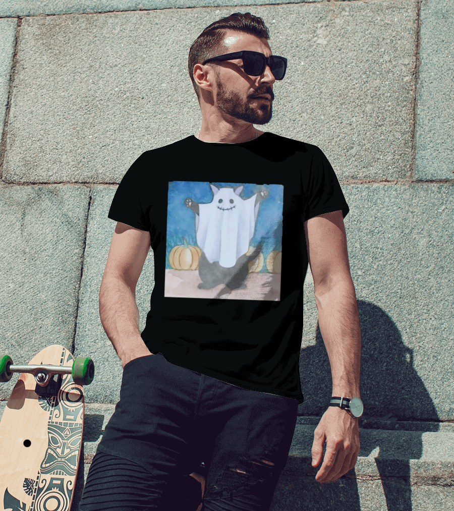Spooky Black Cat In Ghost Costume With Pumpkins Halloween T-Shirt