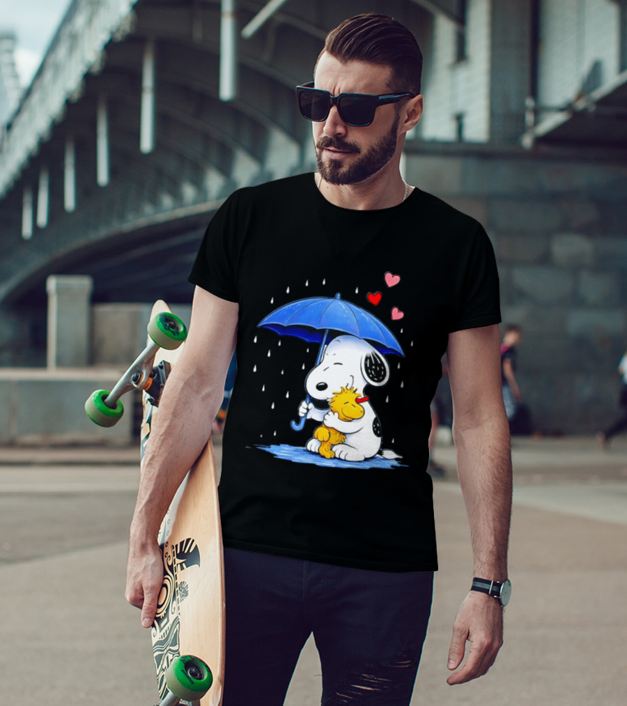 Snoopy Woodstock Umbrella Hearts Rain Hugging T-Shirt