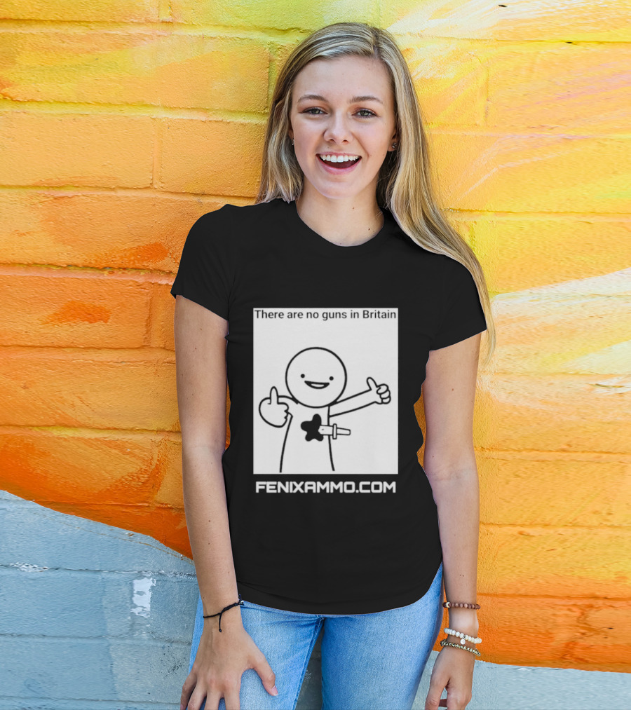 There Are No Guns In Britain Fenixammo Com Happy Character With Gun Hand Gesture T-Shirt