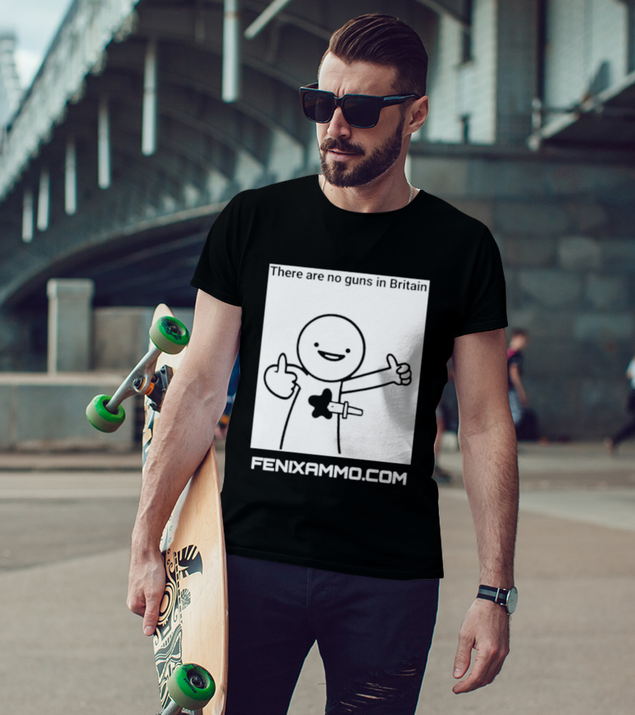 There Are No Guns In Britain Fenixammo Com Happy Character With Gun Hand Gesture T-Shirt