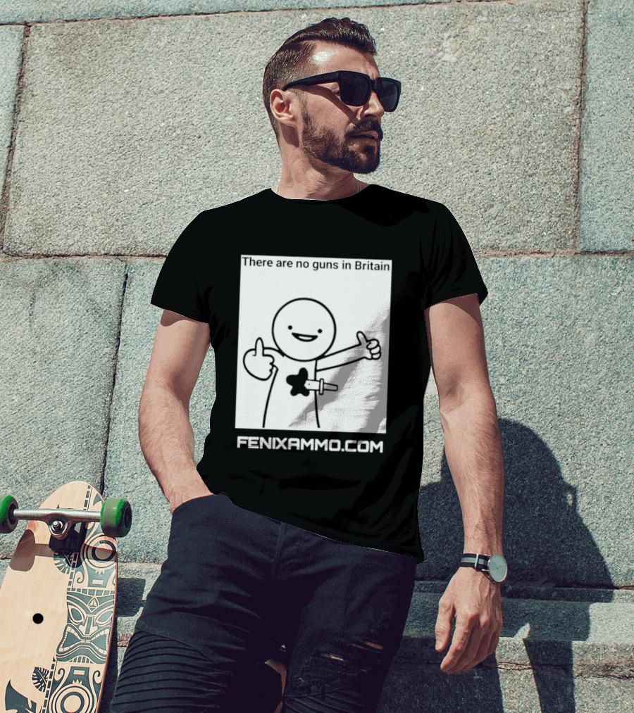 There Are No Guns In Britain Fenixammo Com Happy Character With Gun Hand Gesture T-Shirt