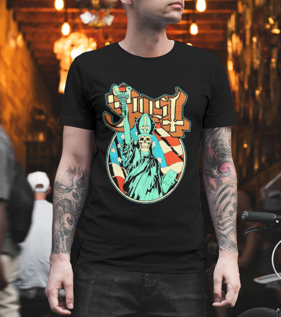 Ghost Statue of Liberty Skeleton Torch Metal Band T-Shirt