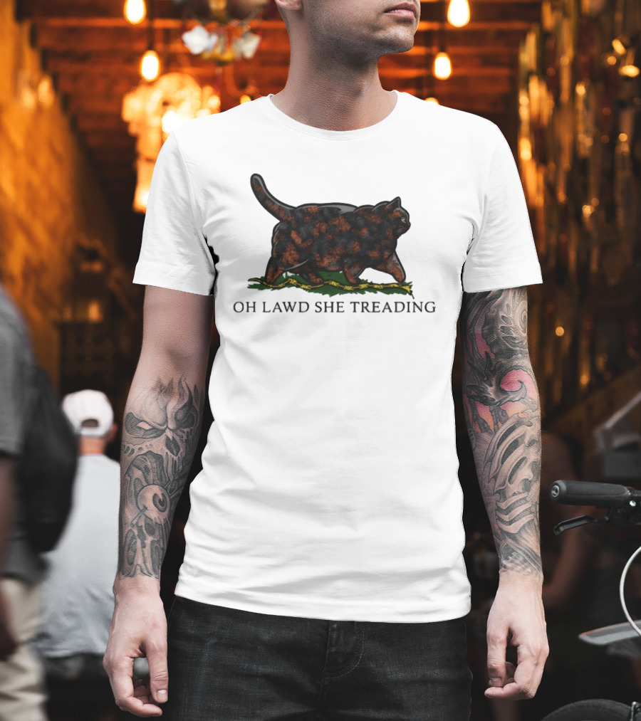 Oh Lawd She Treading Black Cat Walking on Snake T-Shirt