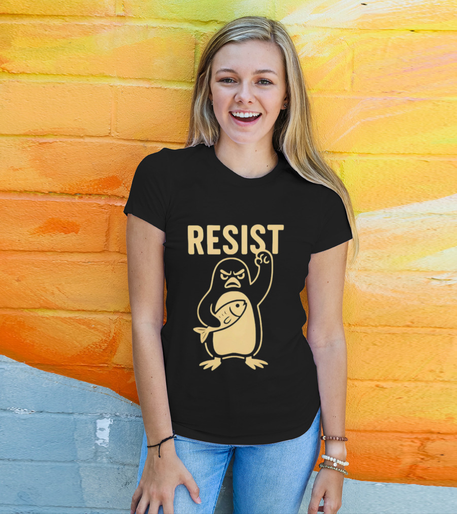 RESIST Angry Penguin Holding Fish T-Shirt