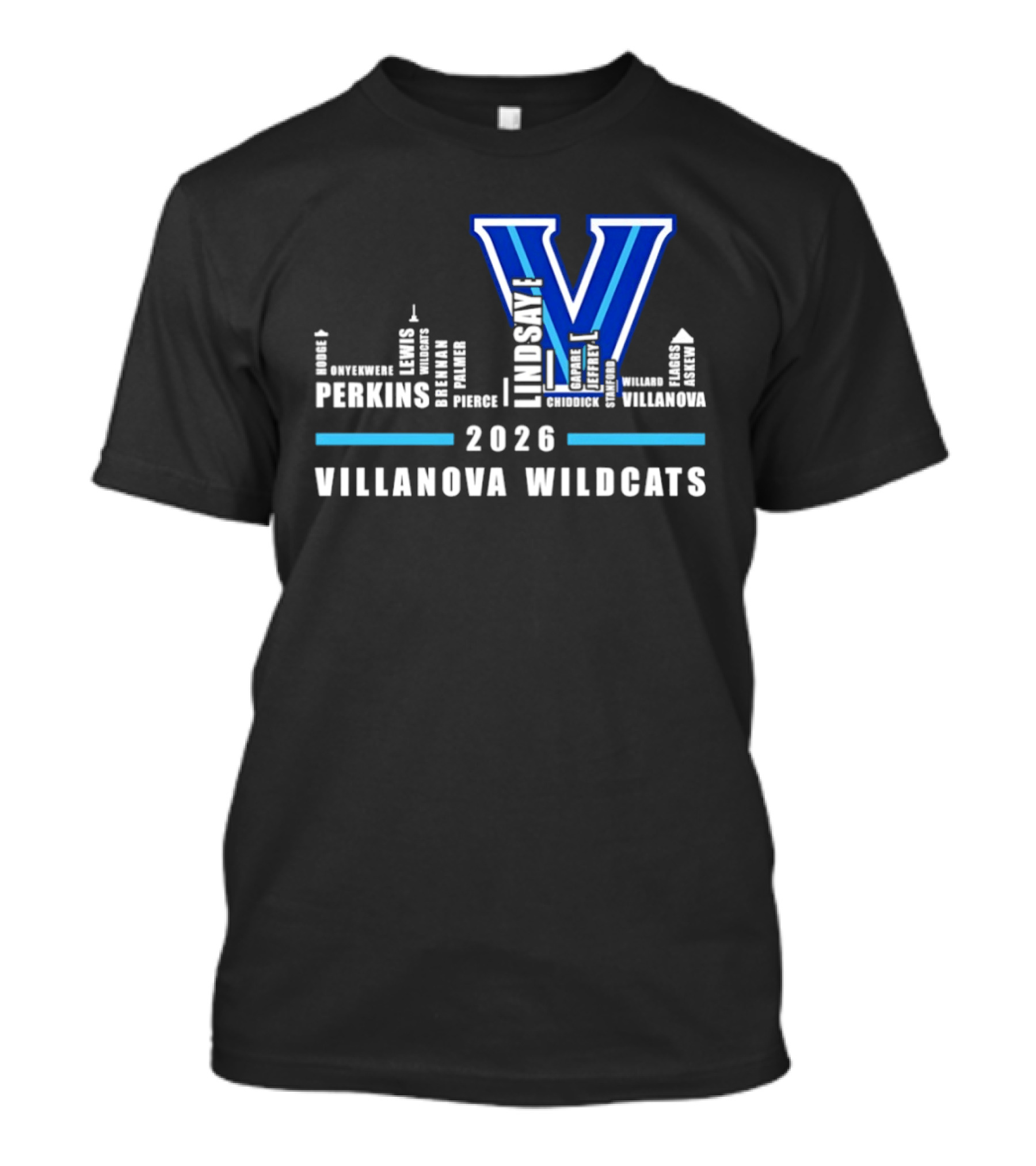 2026 Villanova Wildcats V With City Skyline And Player Names T-Shirt