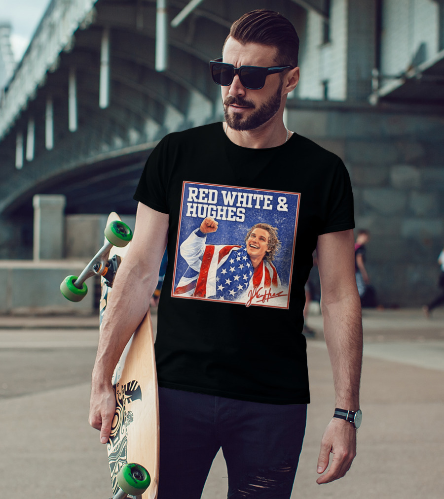 Red White & Hughes USA Jack Hughes Signature Fist Pump Celebration T-Shirt