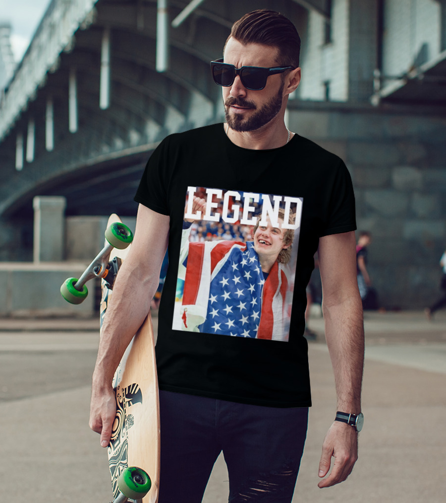 Men's Hockey USA Jack Hughes Legend American Flag Victory Celebration T-Shirt