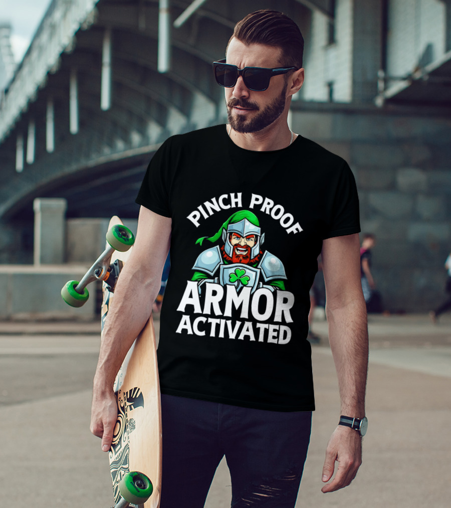 Pinch Proof Armor Activated St Patricks Knight With Clover Shield T-Shirt