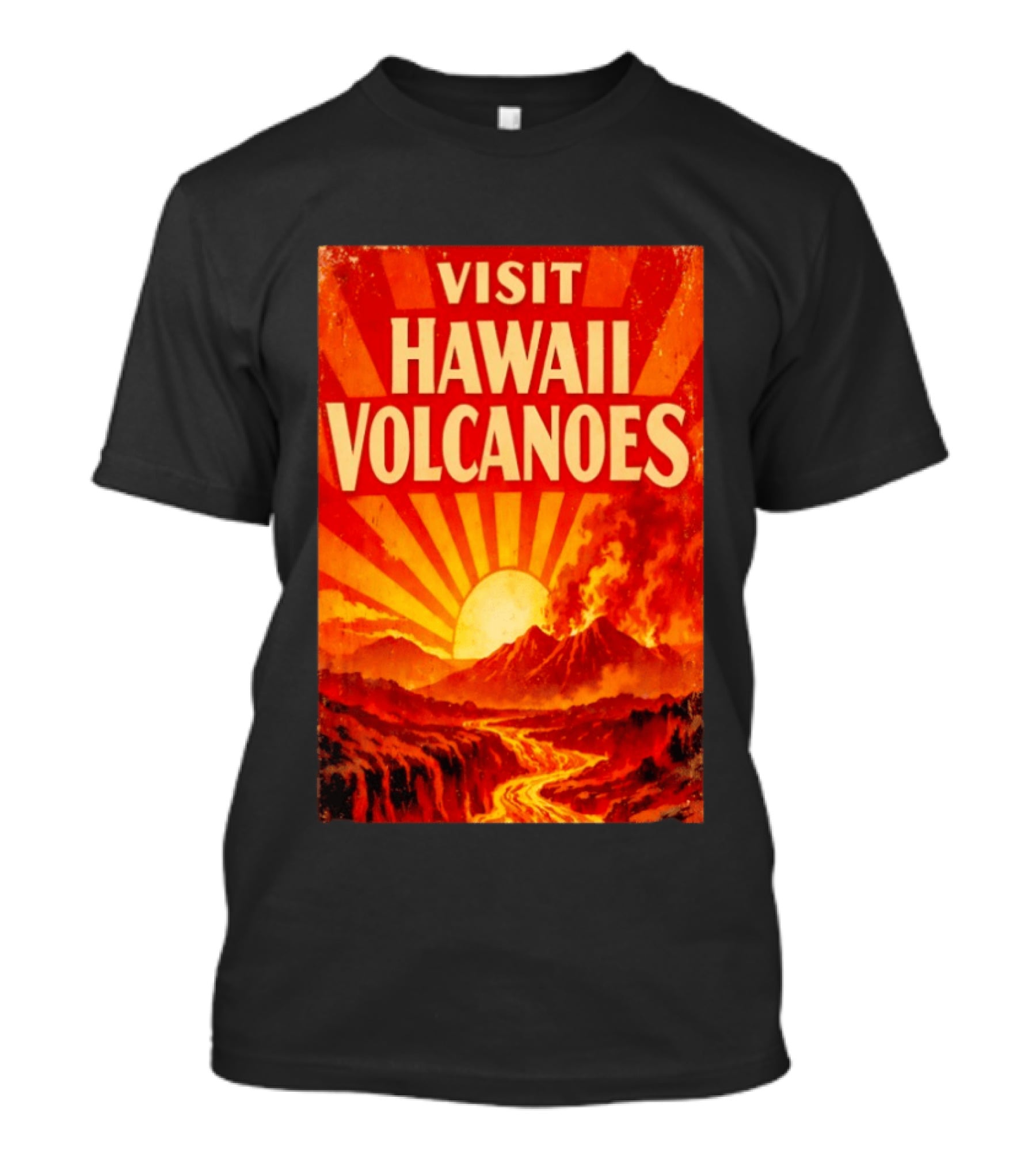 Visit Hawaii Volcanoes Vintage Travel With Erupting Mountain And Sunset Rays T-Shirt