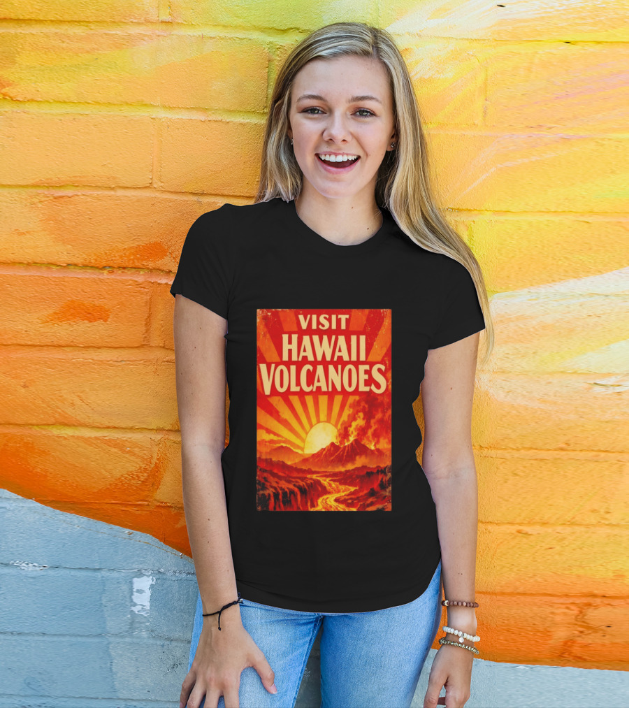 Visit Hawaii Volcanoes Vintage Travel With Erupting Mountain And Sunset Rays T-Shirt