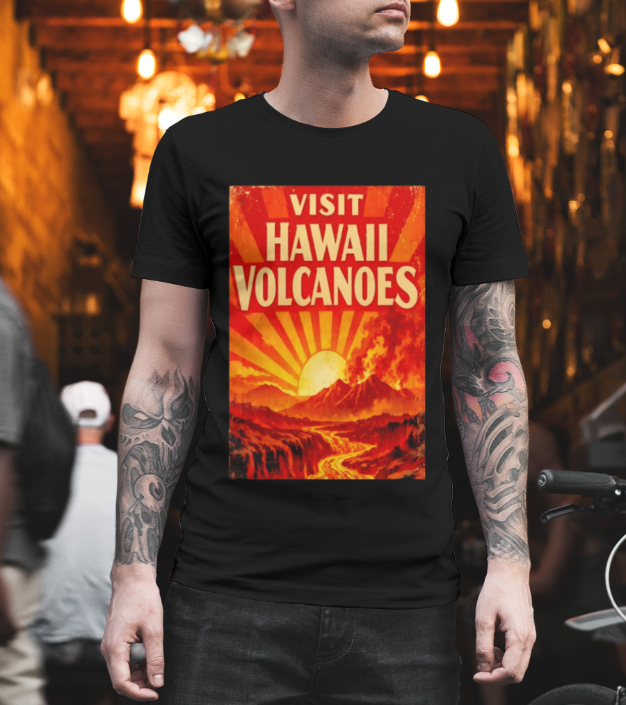 Visit Hawaii Volcanoes Vintage Travel With Erupting Mountain And Sunset Rays T-Shirt