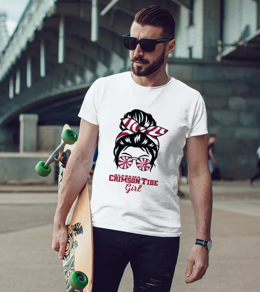 Alabama Crimson Tide Girl Messy Bun With Glasses And Bow T-Shirt