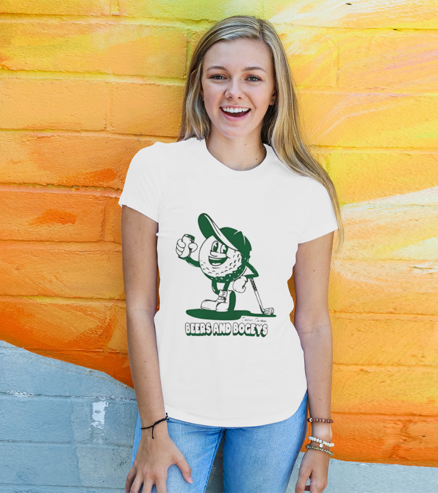 Beers And Bogeys Golf Cartoon Character With Beer Can And Club T-Shirt