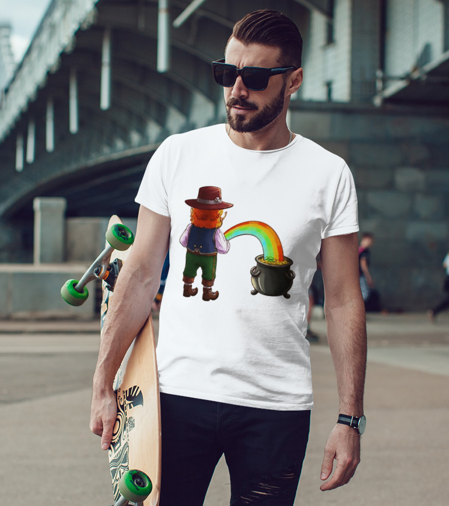 St Patricks Day Leprechaun Pissing Rainbow Into Pot Of Gold Meme T-Shirt