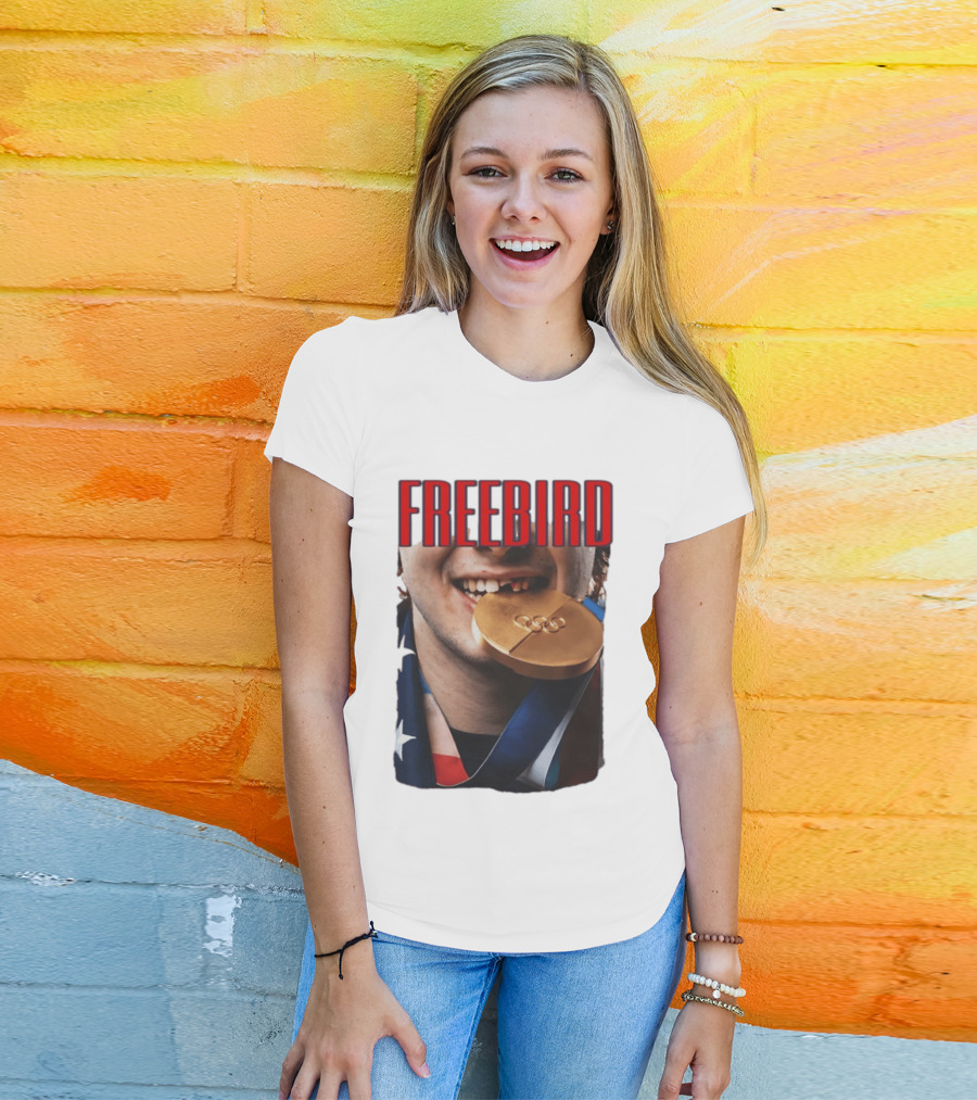Jack Hughes Freebird Golden Smile Olympic Medal Bite T-Shirt