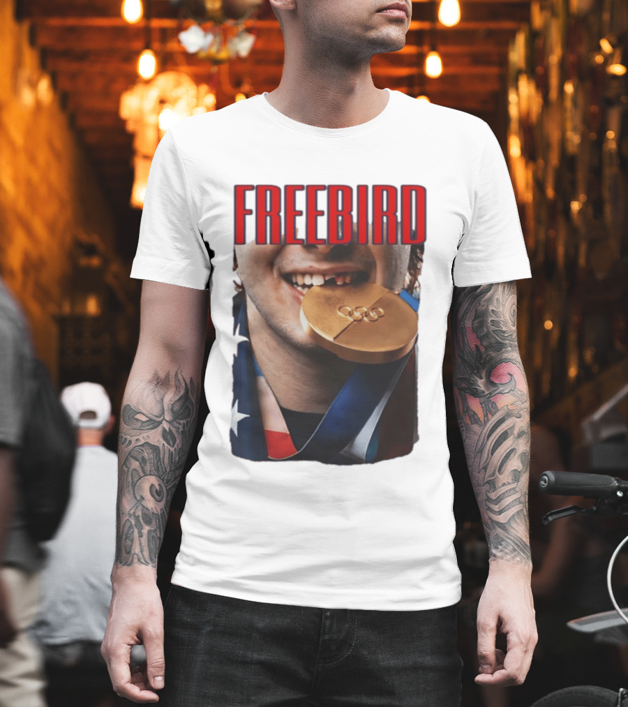 Jack Hughes Freebird Golden Smile Olympic Medal Bite T-Shirt