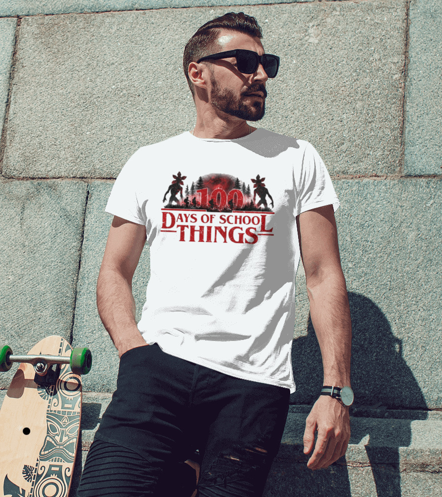 100 Days Of School Things Stranger Things Biking Adventure With Demogorgon T-Shirt