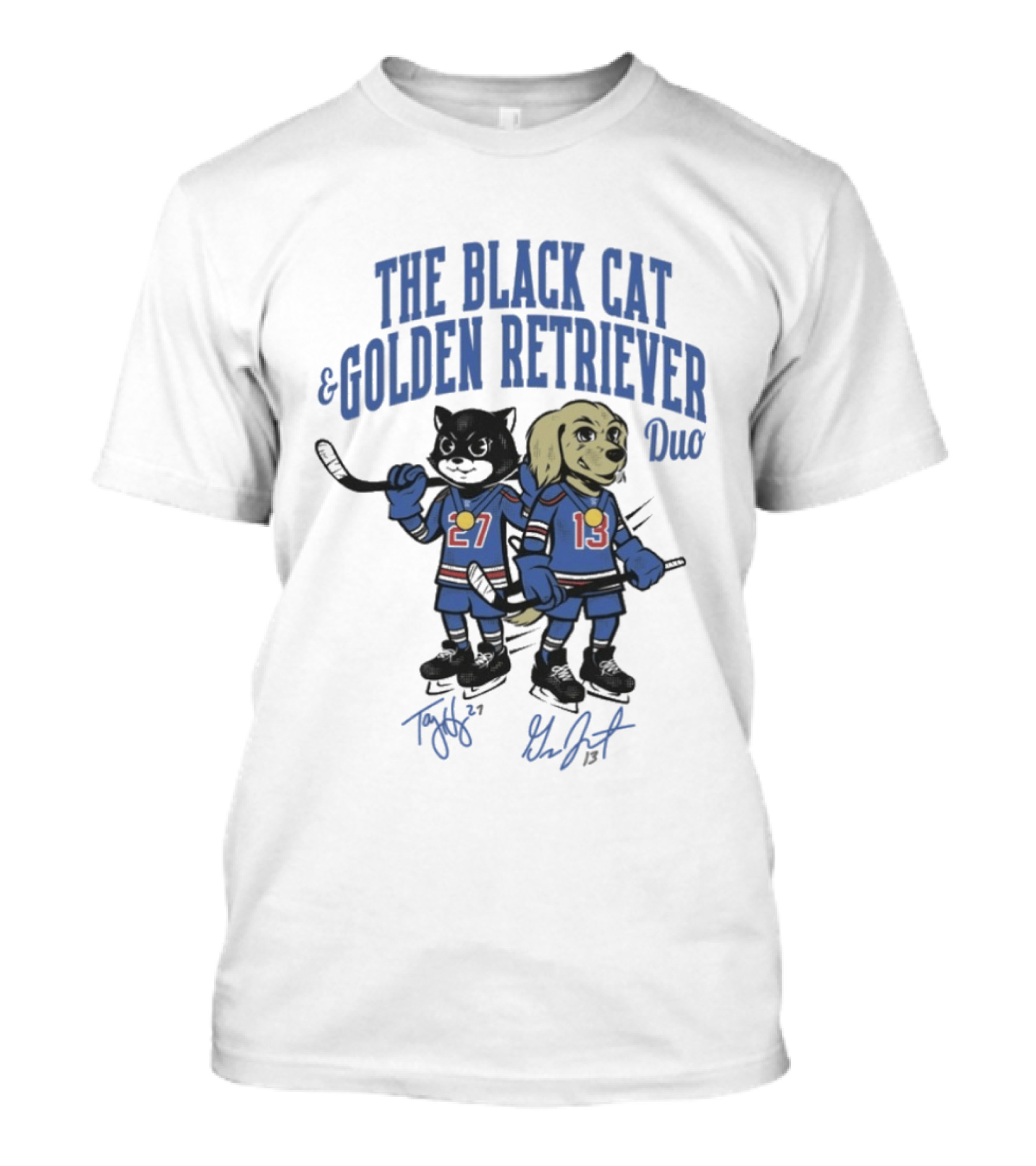The Black Cat And Golden Retriever Duo Hockey Team 27 13 T-Shirt