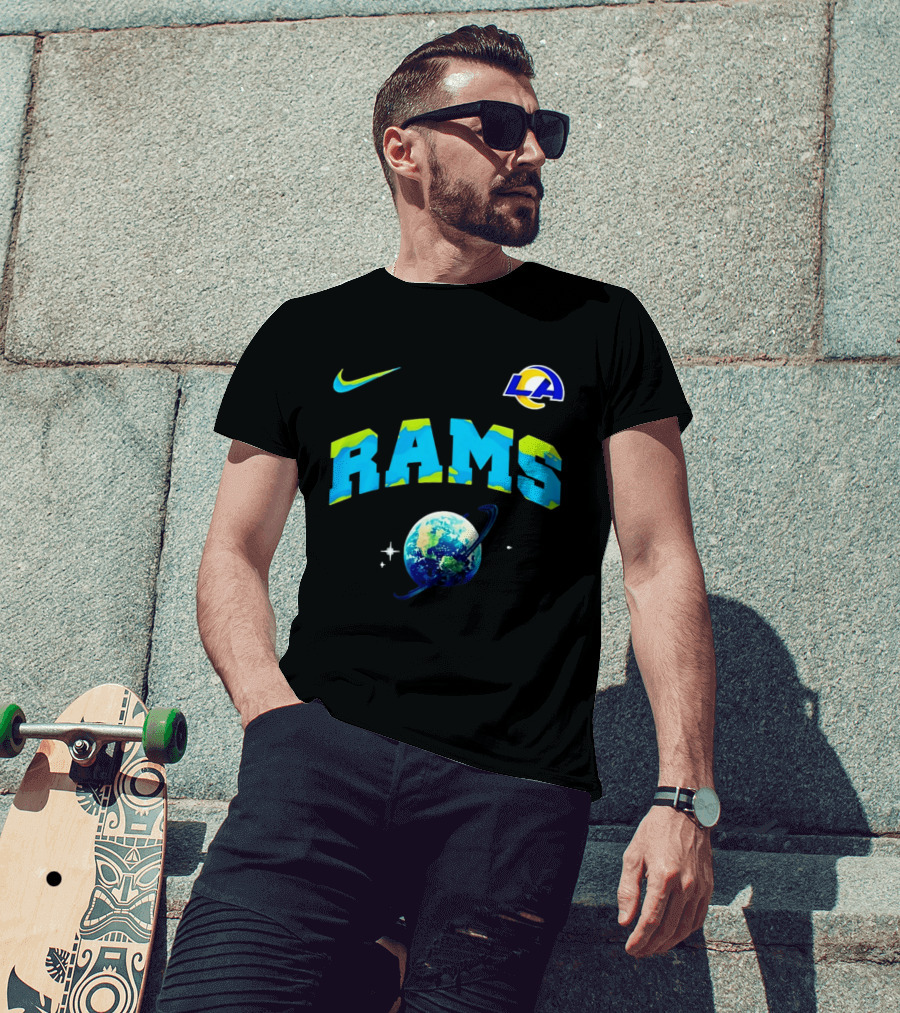 Los Angeles Rams Earth Day One Planet One Goal Nike Collaboration With LA Logo And Planet T-Shirt