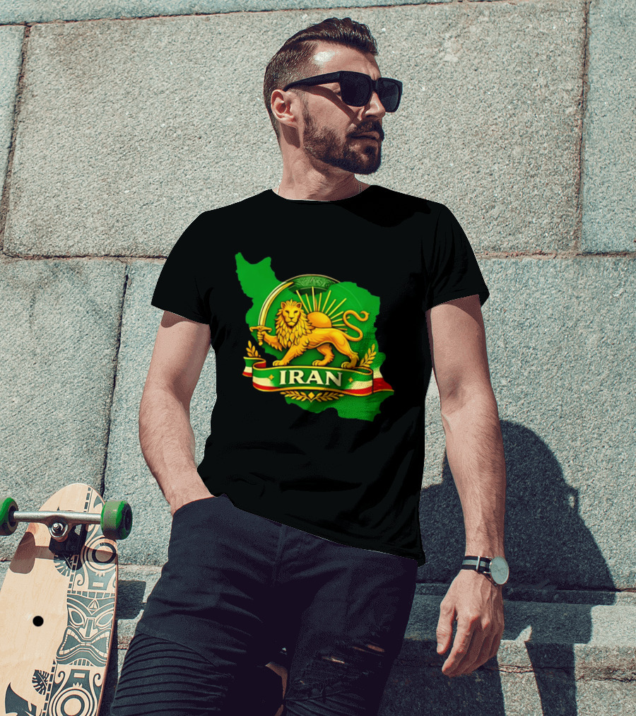 Iran Lion And Sun Emblem On Map Of Iran With National T-Shirt