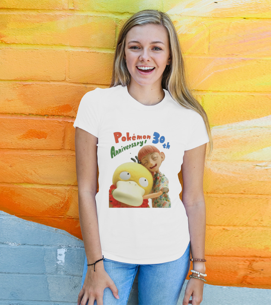 Pokémon 30th Anniversary Pokémon Concierge Psyduck Hugging Celebration T-Shirt