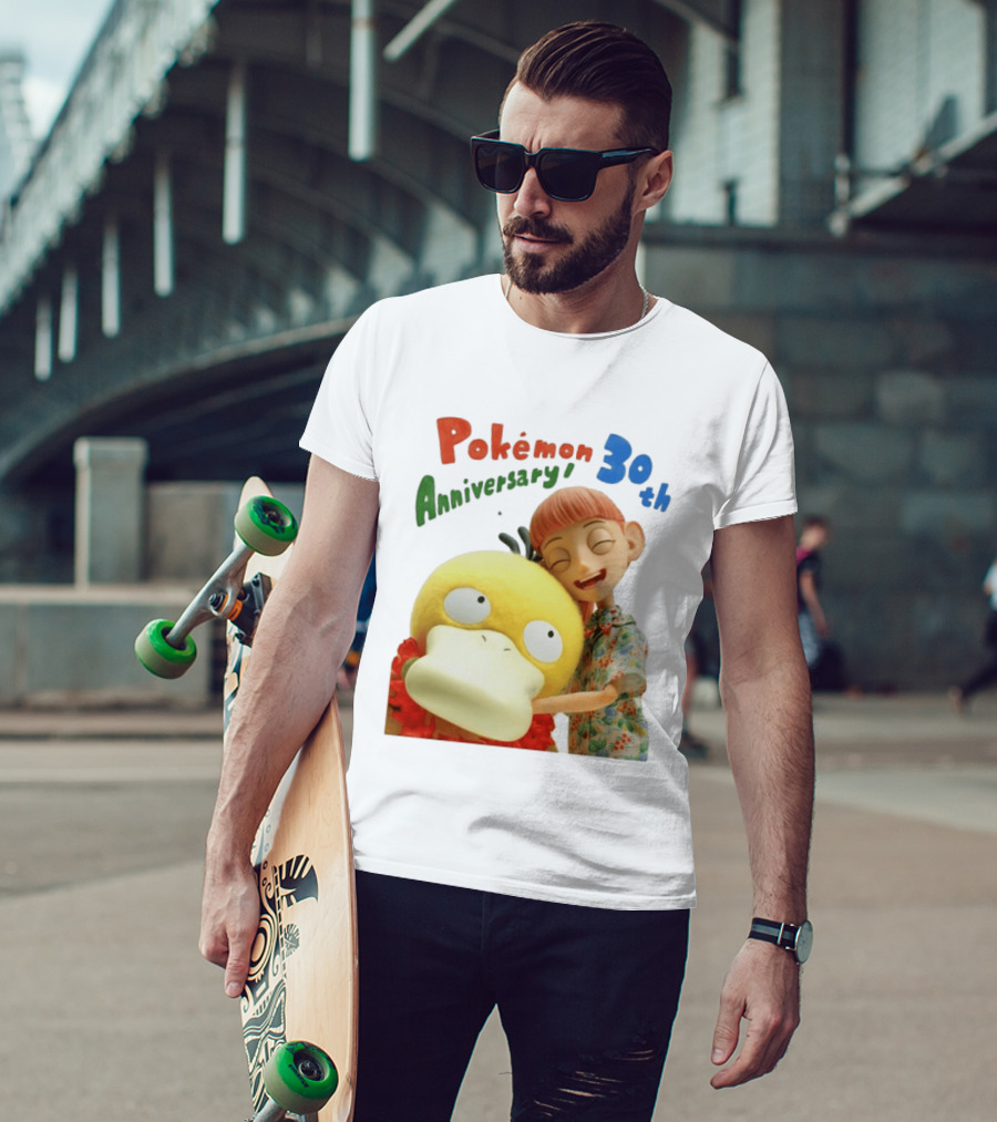 Pokémon 30th Anniversary Pokémon Concierge Psyduck Hugging Celebration T-Shirt