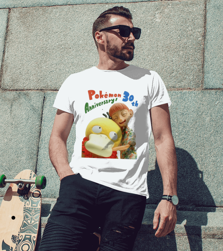 Pokémon 30th Anniversary Pokémon Concierge Psyduck Hugging Celebration T-Shirt