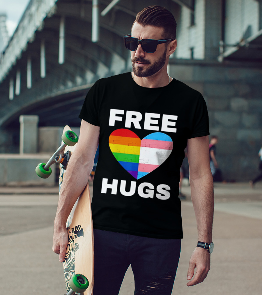 Free Hugs LGBTQ Rainbow Heart Pride T-Shirt