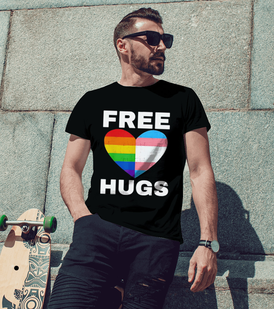 Free Hugs LGBTQ Rainbow Heart Pride T-Shirt