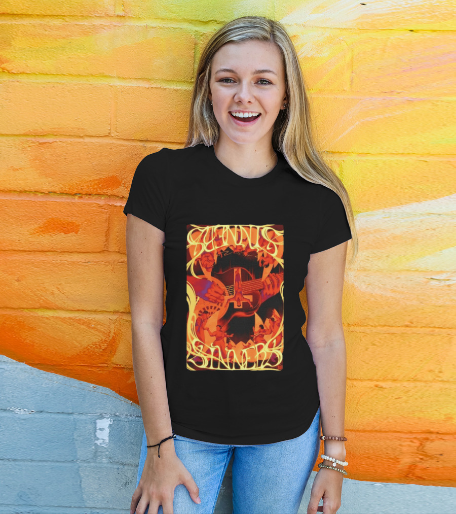 Sinners Pecadores Upside Down Guitar Person T-Shirt