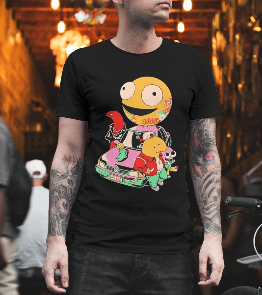 Smiling Friends Cartoon Characters with Graffiti Art Car T-Shirt