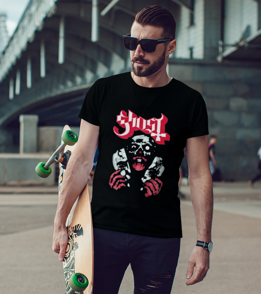 Ghost Mask Design Red And White Skulls And Hands T-Shirt