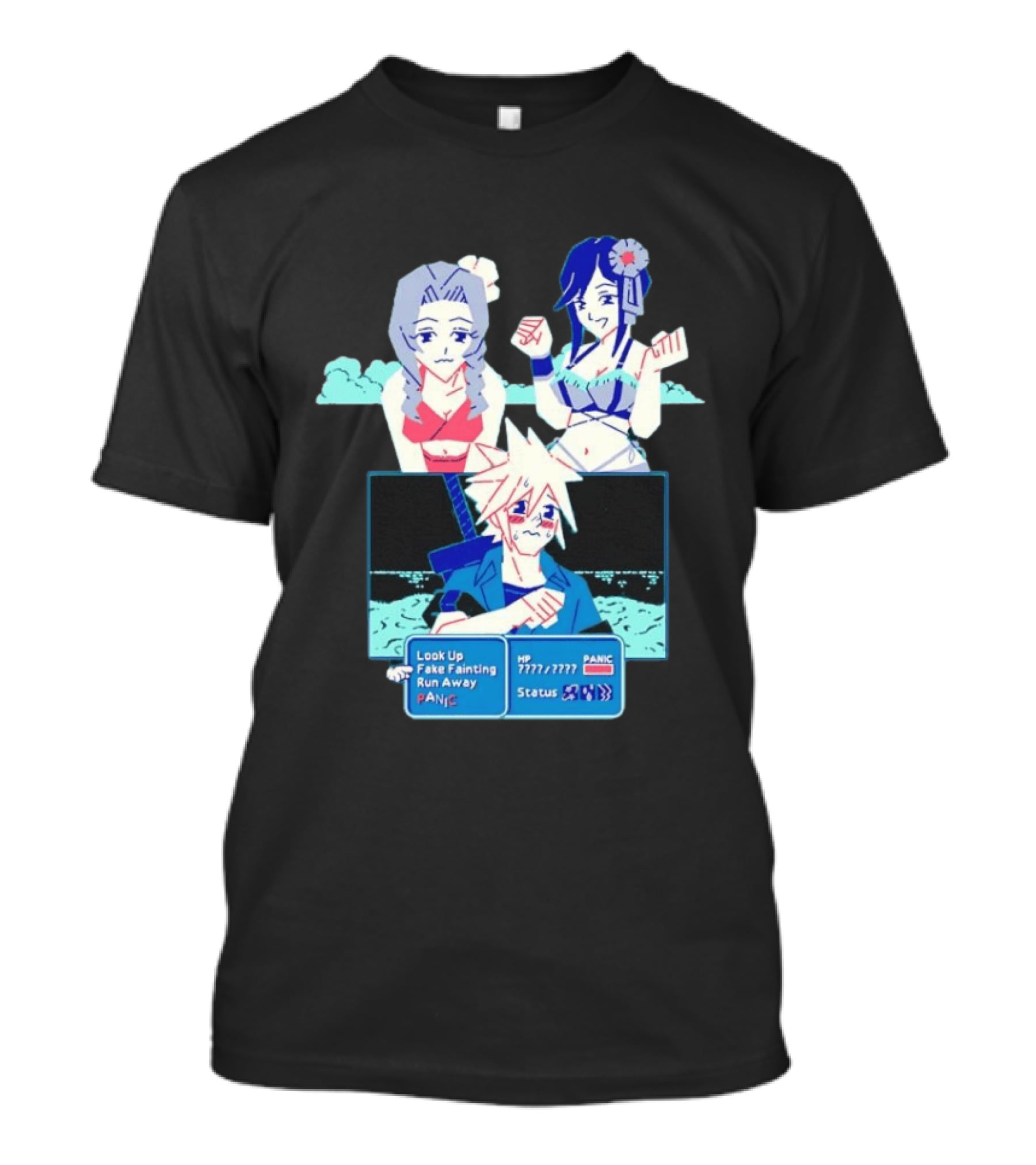 Cloud Strife Panic Aerith Tifa Final Fantasy VII Battle Scene Pixel T-Shirt