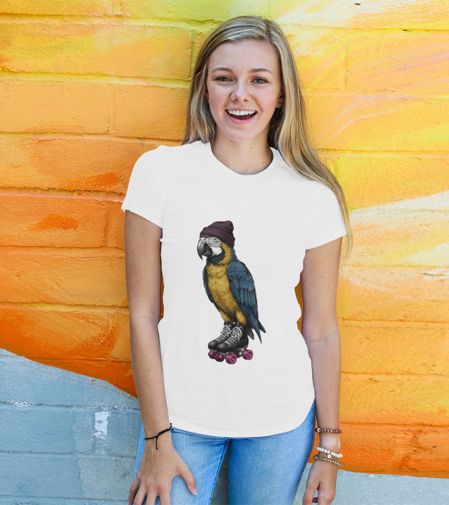 Nice Roller Skating Parrot With Hat And Colorful Feathers T-Shirt