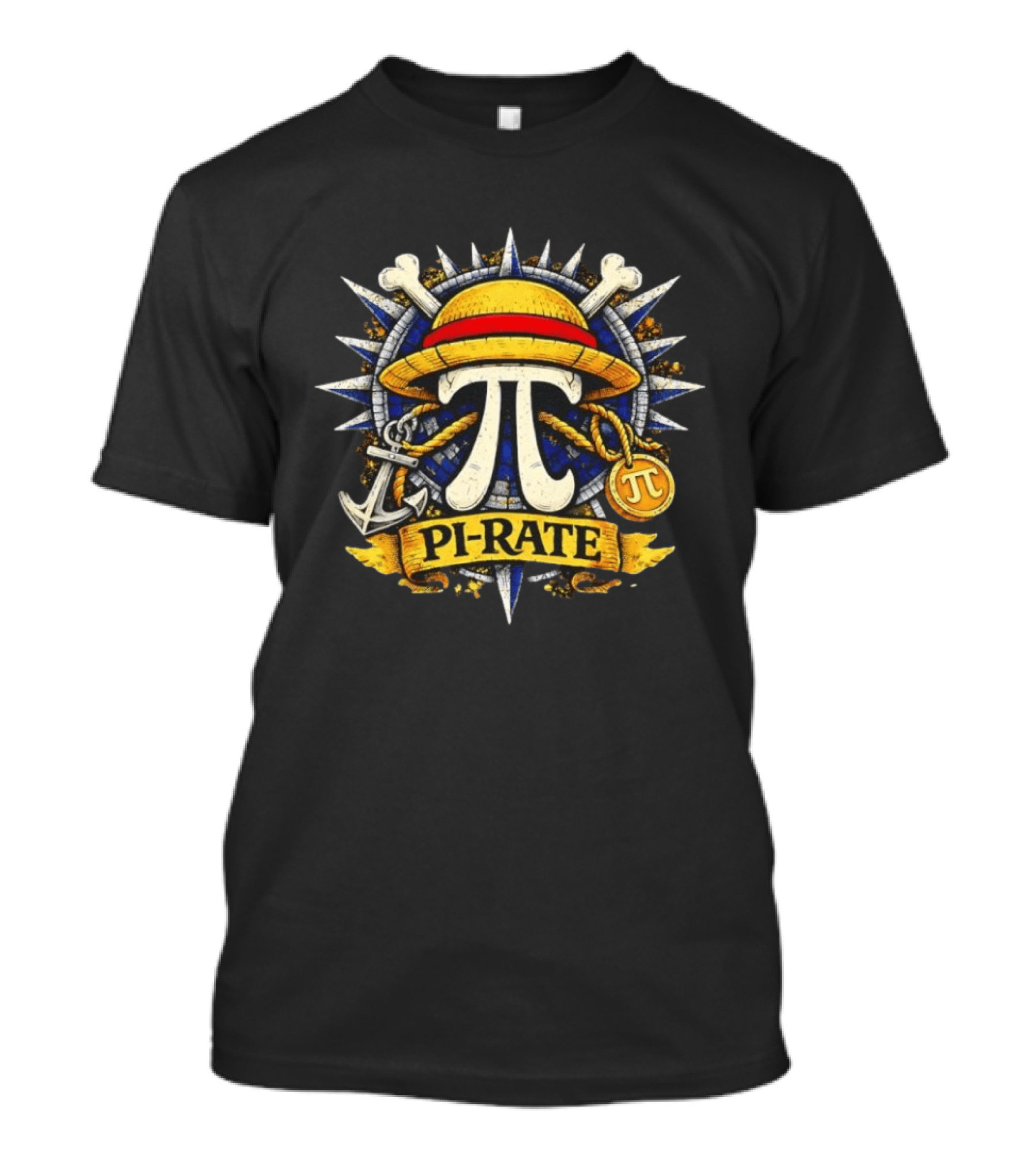 One Piece Pirate Straw Hat Pi Symbol Nautical Anchor Crossbones Medallion T-Shirt