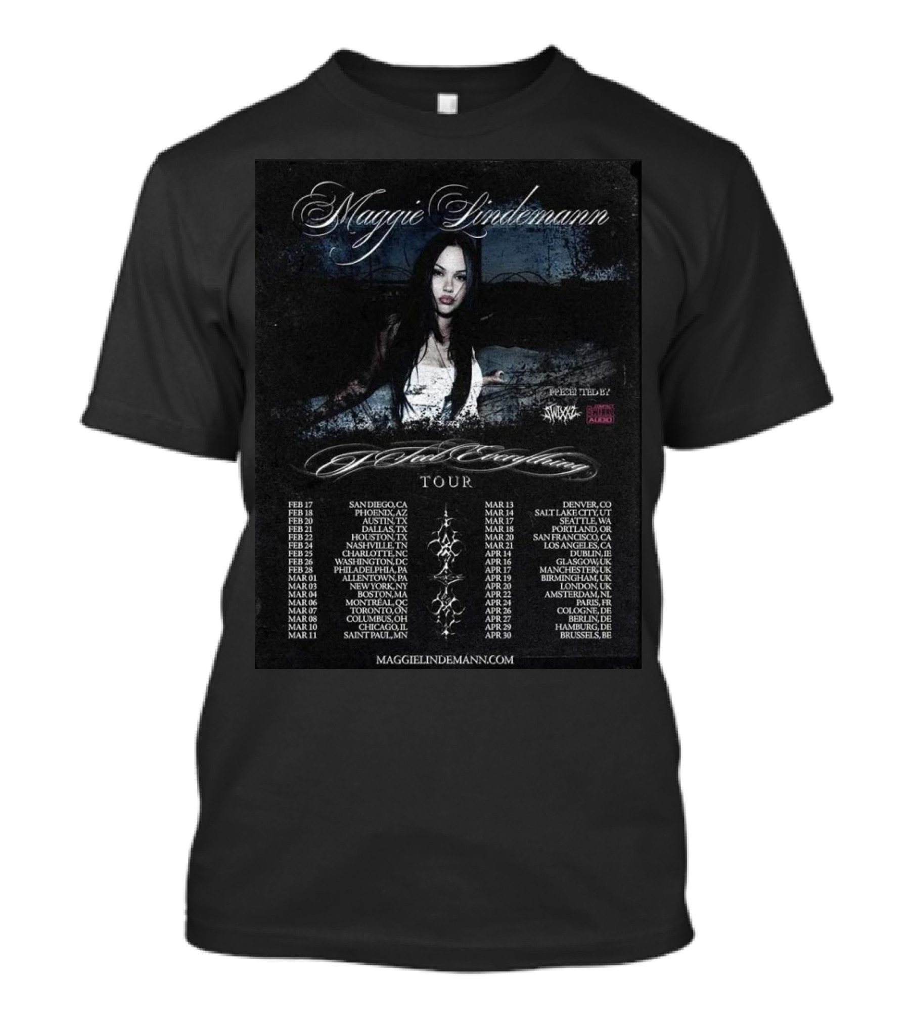 Maggie Lindemann I Feel Everything Tour 2026 Schedule MaggieLindemann.com Featuring Sucker Punch AAGBL Audio T-Shirt